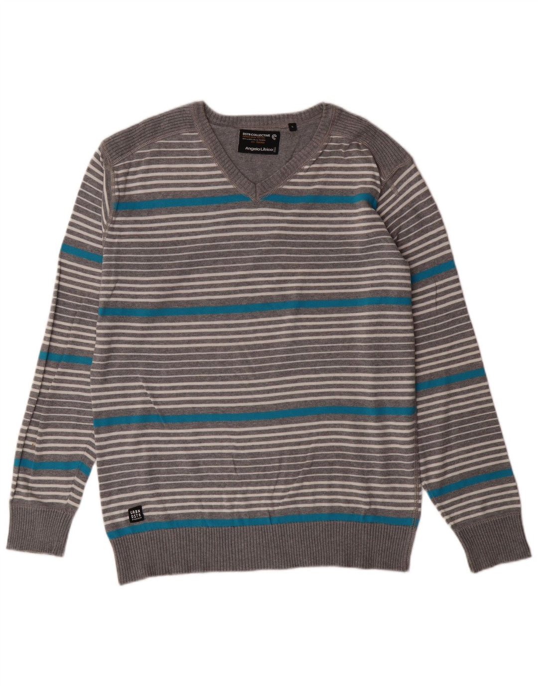 ANGELO LITRICO Mens V-Neck Jumper Sweater Large Grey Striped