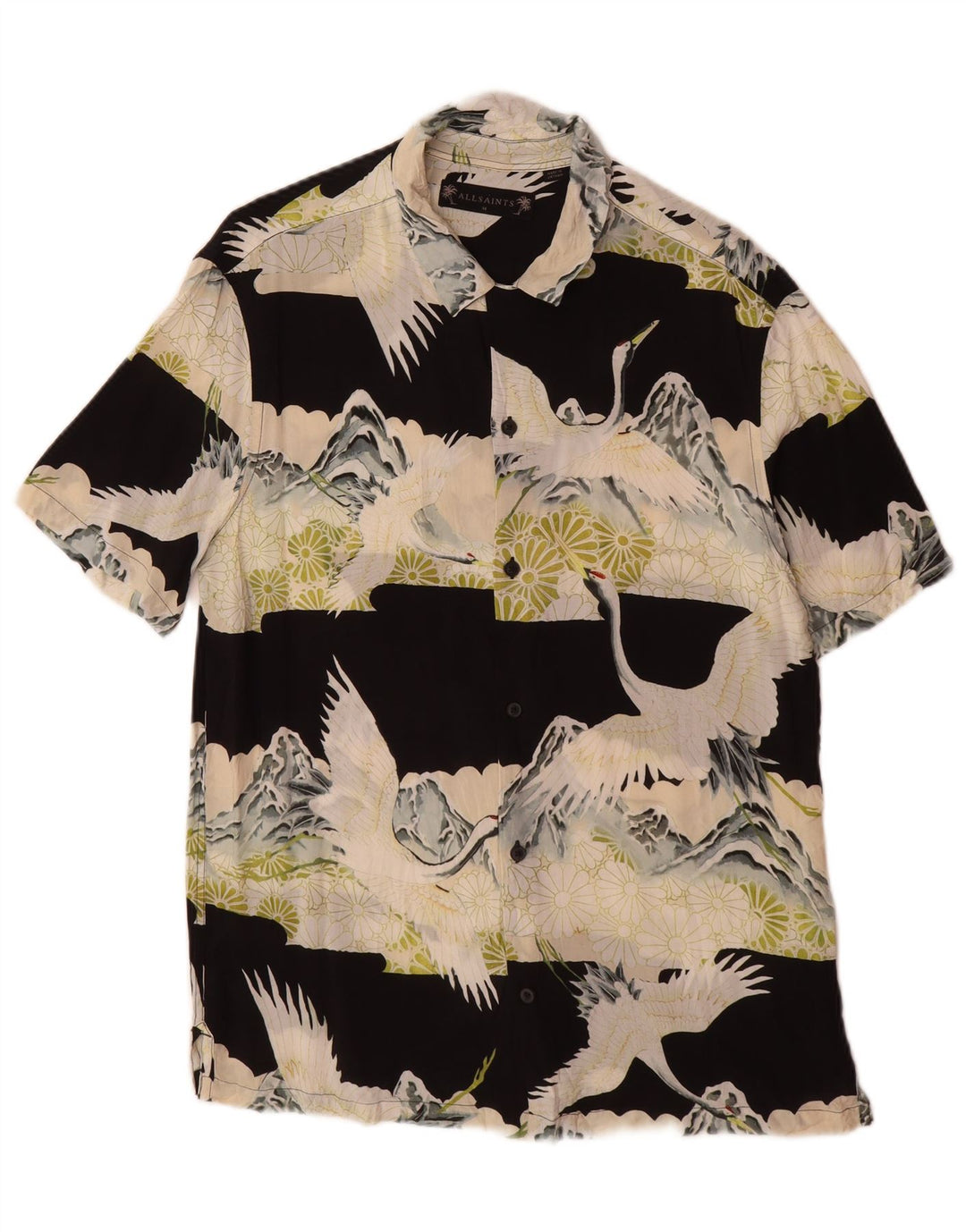 All Saints Mens Abstract Pattern Short Sleeve Shirt Medium Black Viscose