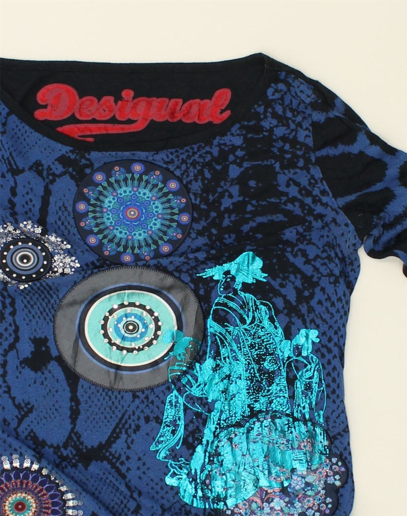 DESIGUAL Womens Graphic Top Long Sleeve UK 8 Small Navy Blue Patchwork | Vintage Desigual | Thrift | Second-Hand Desigual | Used Clothing | Messina Hembry 