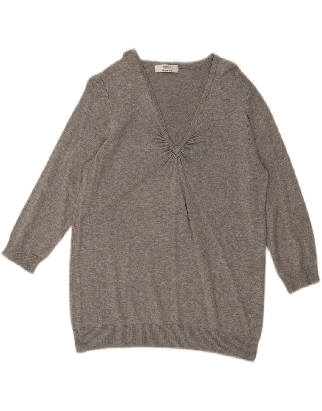 Marks & Spencer Womens 3/4 Sleeve V-Neck Jumper Sweater UK 14 Medium Grey