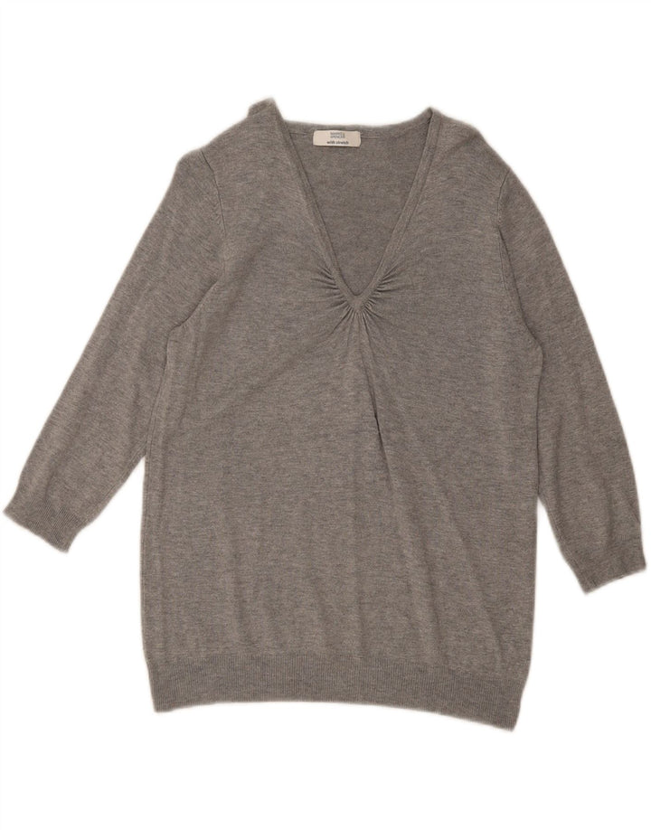 Marks & Spencer Womens 3/4 Sleeve V-Neck Jumper Sweater UK 14 Medium Grey