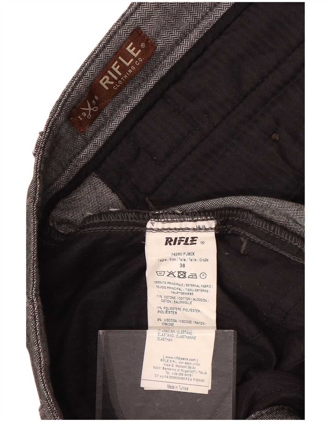 Rifle Mens Slim Trousers W38 L34 Grey Herringbone Cotton