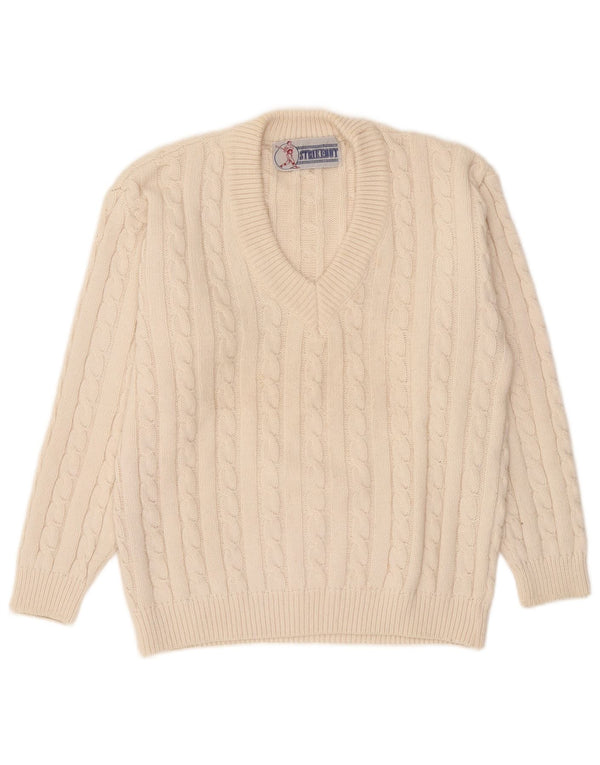 Vintage Mens V-Neck Jumper Sweater Medium Off White Acrylic
