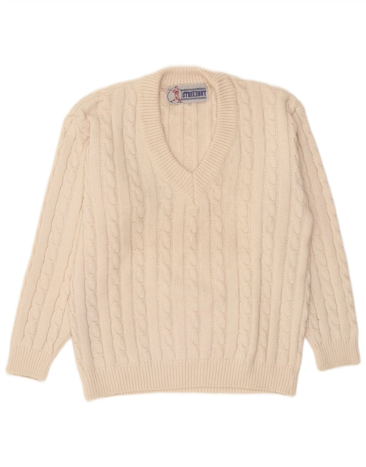 Vintage Mens V-Neck Jumper Sweater Medium Off White Acrylic
