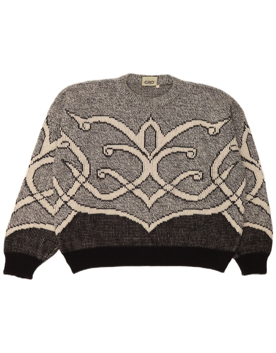 Cido Womens Oversized Crew Neck Jumper Sweater UK 16 Large Grey Fair Isle