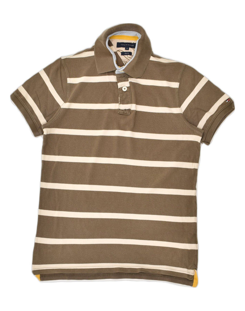 TOMMY HILFIGER Mens Slim Fit Polo Shirt Medium Khaki Striped Cotton | Vintage Tommy Hilfiger | Thrift | Second-Hand Tommy Hilfiger | Used Clothing | Messina Hembry 