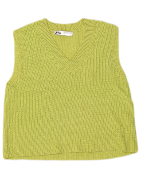 Zara Womens Crop Vest Tank Top UK 10 Small Green Cotton