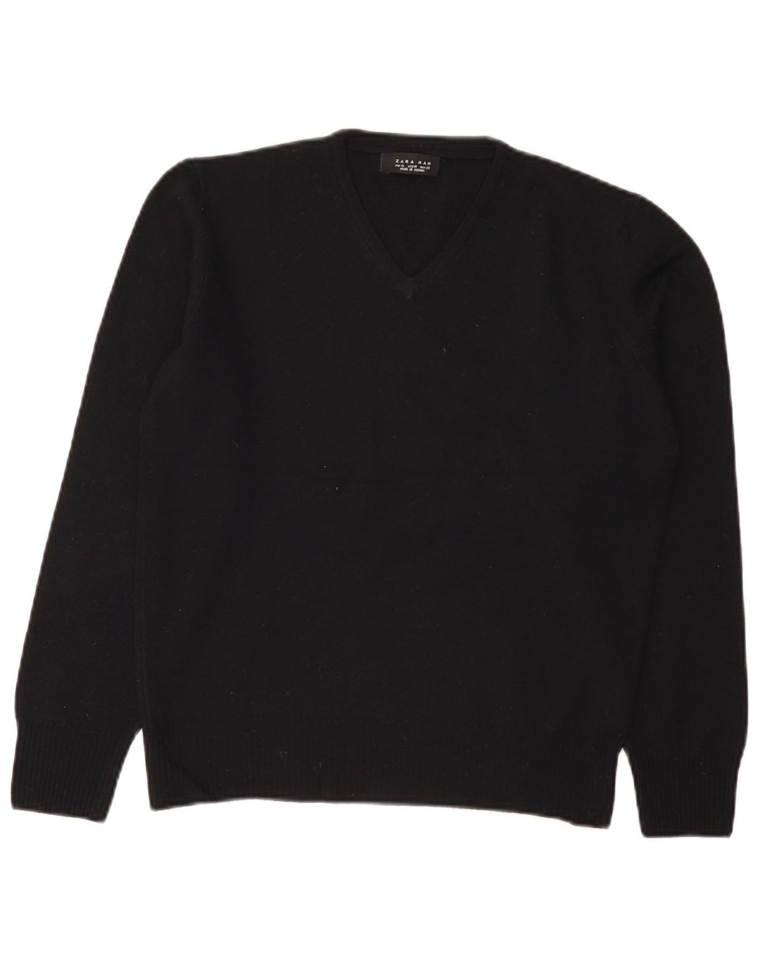 Zara Mens V-Neck Jumper Sweater Medium Black Wool