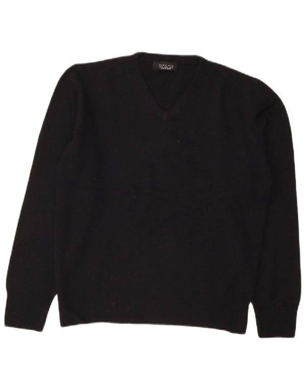 Zara Mens V-Neck Jumper Sweater Medium Black Wool