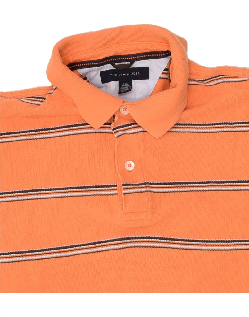 TOMMY HILFIGER Mens Polo Shirt Large Orange Striped Cotton | Vintage Tommy Hilfiger | Thrift | Second-Hand Tommy Hilfiger | Used Clothing | Messina Hembry 