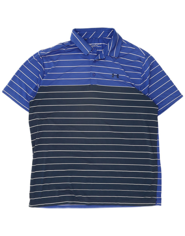 Under Armour Mens Heat Gear Polo Shirt 2XL Navy Blue Striped Polyester