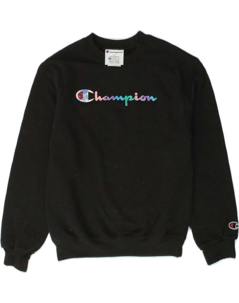 CHAMPION Girls Graphic Sweatshirt Jumper 7-8 Years Small Black Cotton | Vintage Champion | Thrift | Second-Hand Champion | Used Clothing | Messina Hembry 