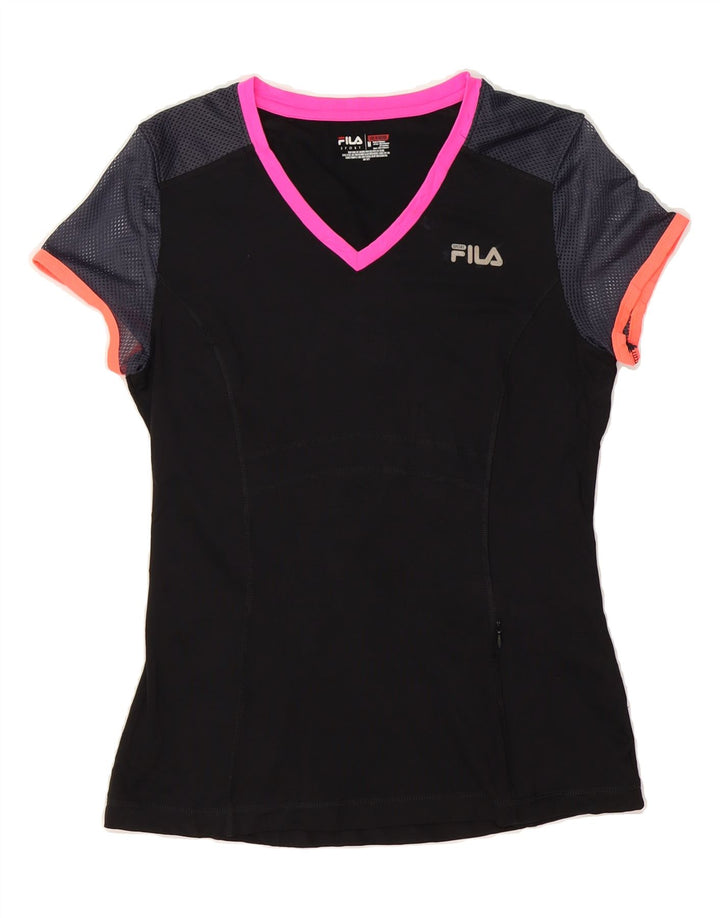 FILA Womens T-Shirt Top UK 12 Medium Black Colourblock Polyester Vintage Fila and Second-Hand Fila from Messina Hembry 