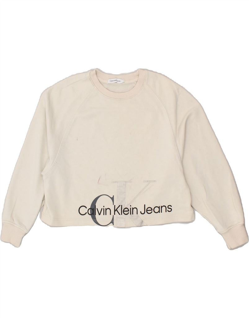 CALVIN KLEIN JEANS Girls Graphic Hoodie Jumper 11-12 Years Beige Cotton | Vintage Calvin Klein Jeans | Thrift | Second-Hand Calvin Klein Jeans | Used Clothing | Messina Hembry 