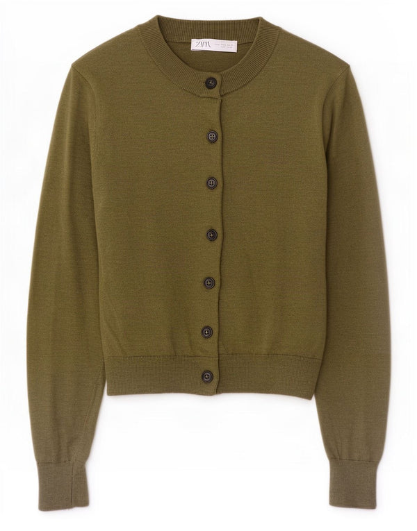 Zara Womens Crop Cardigan Sweater UK 10 Small Khaki Polyamide