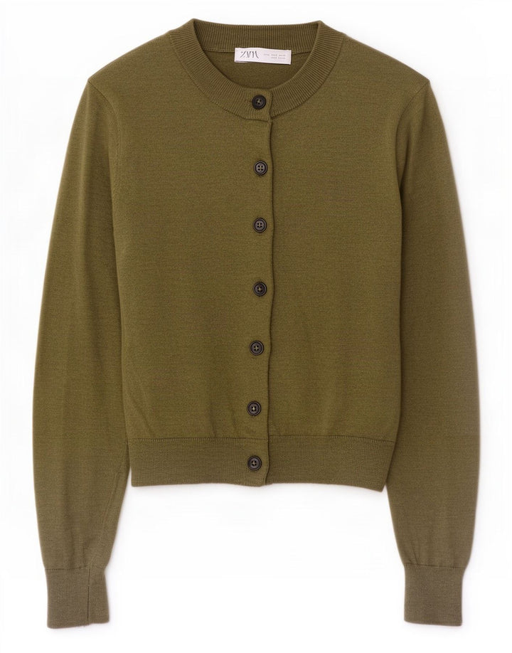 Zara Womens Crop Cardigan Sweater UK 10 Small Khaki Polyamide