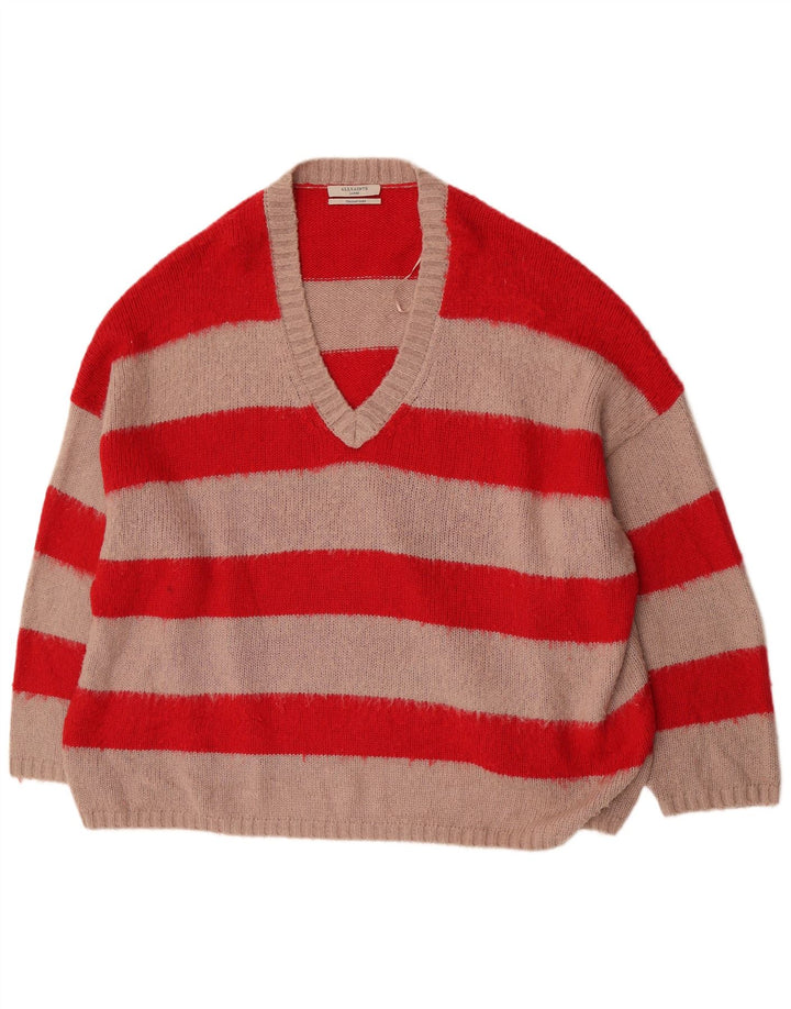 All Saints Mens Oversized V-Neck Jumper Sweater Large Red Striped Acrylic