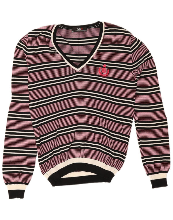 Iceberg Mens V-Neck Jumper Sweater Small Pink Striped Cotton
