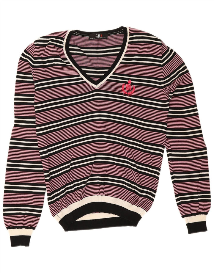 Iceberg Mens V-Neck Jumper Sweater Small Pink Striped Cotton