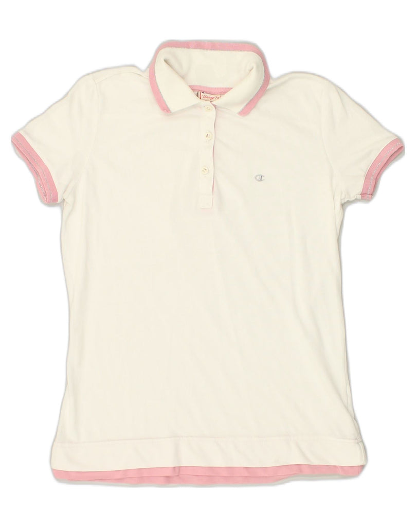 CHAMPION Womens Heritage Fit Polo Shirt UK 14 Medium White | Vintage Champion | Thrift | Second-Hand Champion | Used Clothing | Messina Hembry 