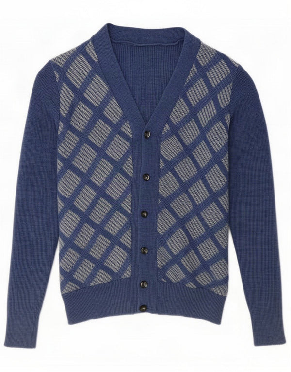 Vintage Boys Cardigan Sweater 6-7 Years Blue Argyle/Diamond Retro