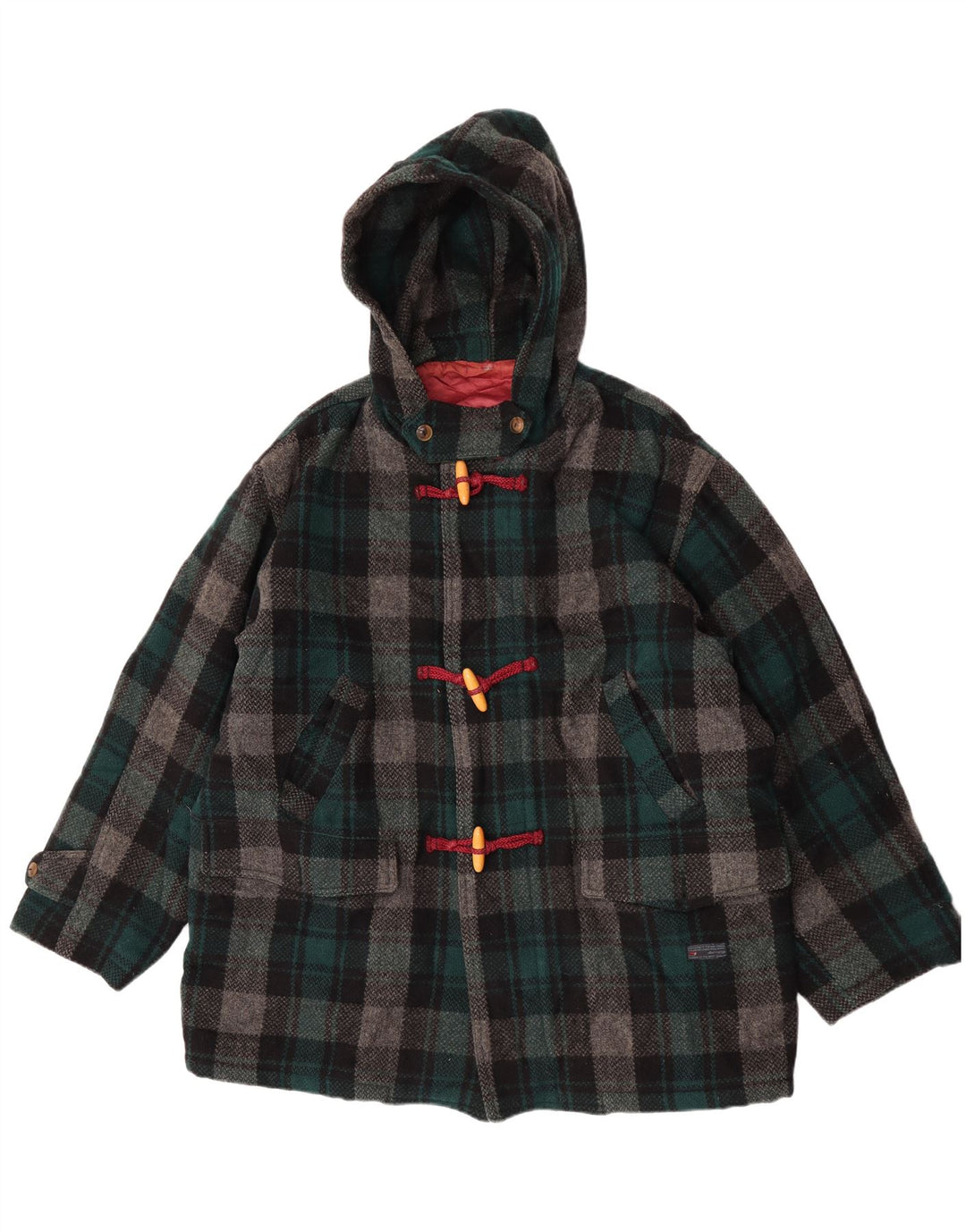 Enrico Coveri Womens Hooded Duffle Coat IT 44 Medium Green Check Wool