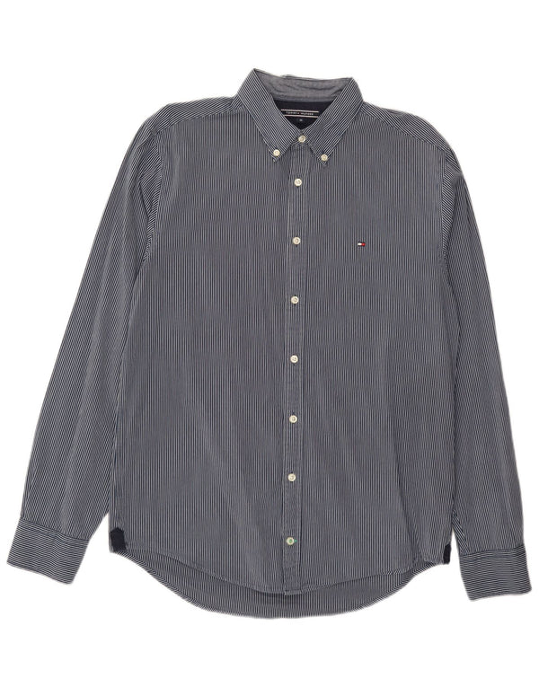 Tommy Hilfiger Mens New York Fit Shirt Medium Navy Blue Pinstripe Cotton