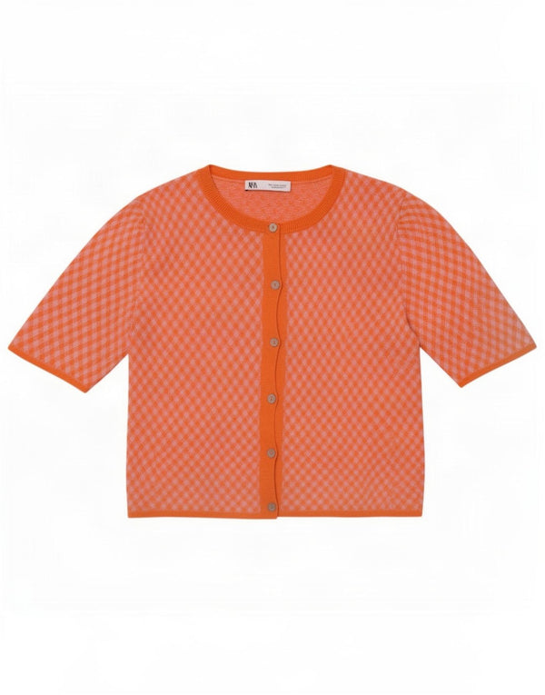Zara Womens Crop Short Sleeve Cardigan Sweater UK 10 Small Orange Check