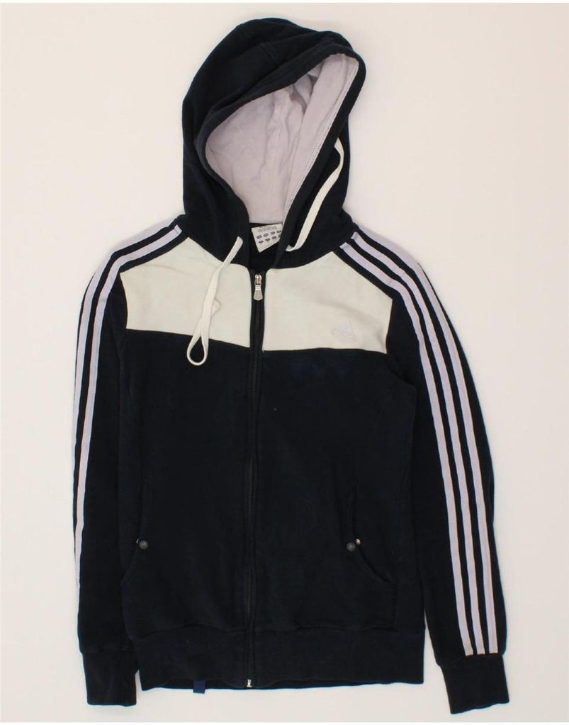 ADIDAS Womens Zip Hoodie Sweater UK 12 Medium Navy Blue Colourblock Cotton Vintage Adidas and Second-Hand Adidas from Messina Hembry 