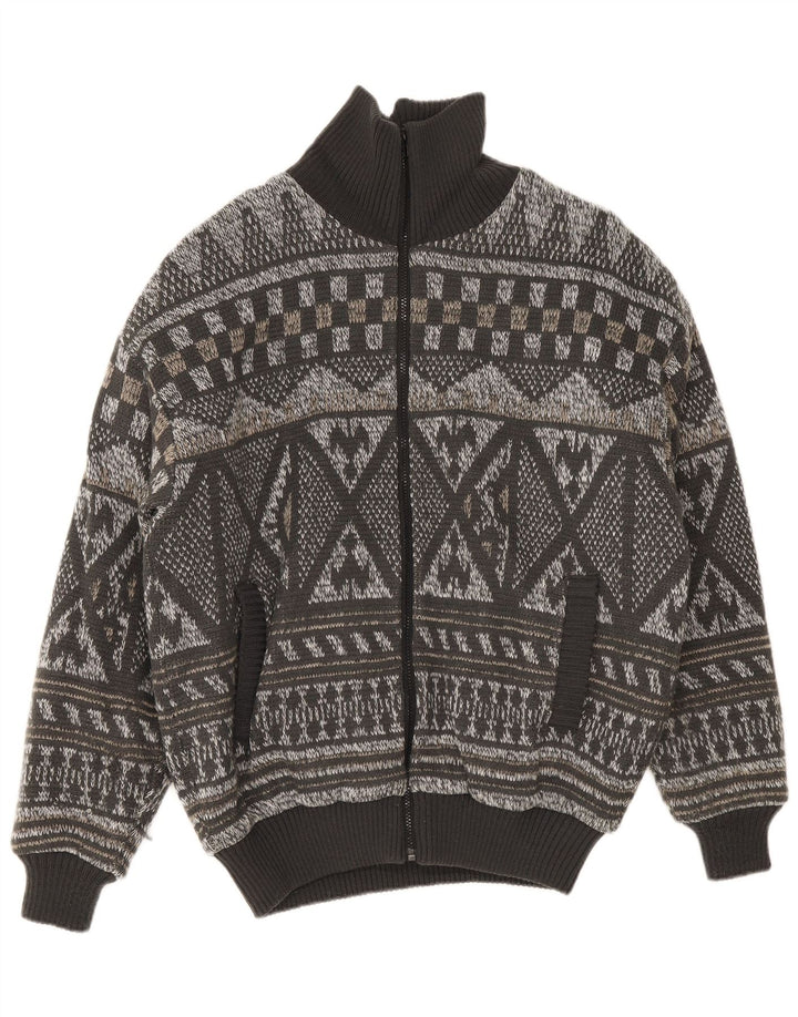 Vintage Mens Knit Bomber Jacket IT 52 XL Grey Fair Isle Polyacrylic