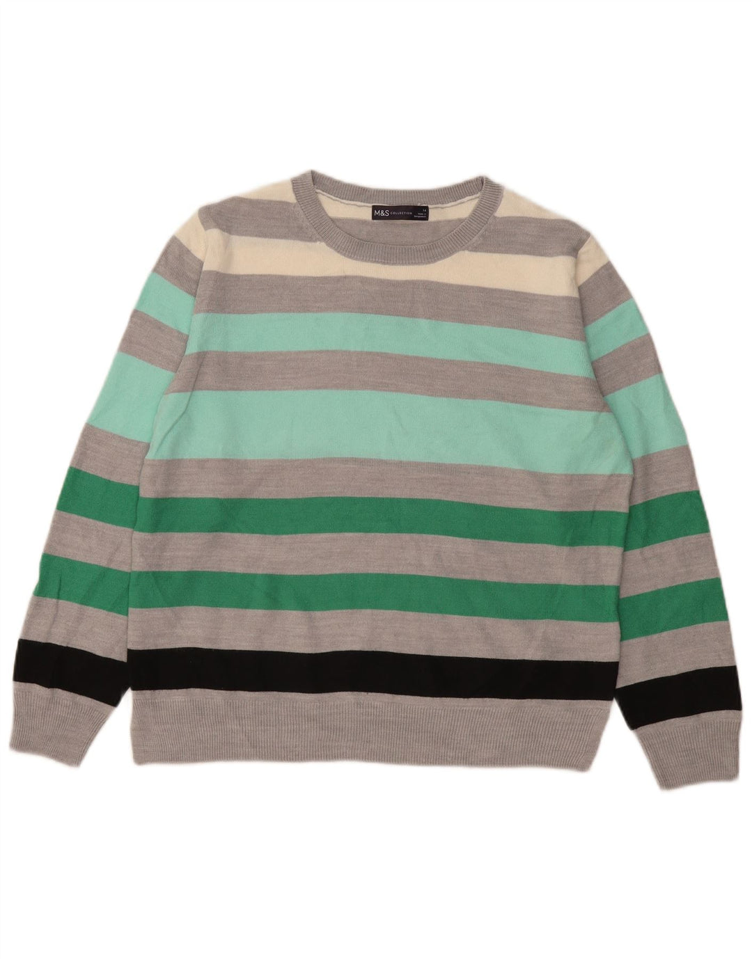 Marks & Spencer Womens Crew Neck Jumper Sweater UK 14 Medium Grey Striped
