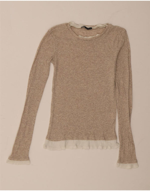 Zara Womens Top Long Sleeve UK 8 Small Beige Colourblock Cotton
