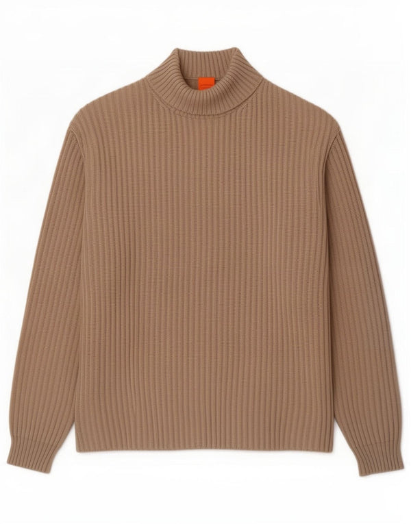 Hugo Boss Mens Roll Neck Jumper Sweater Large Beige Wool