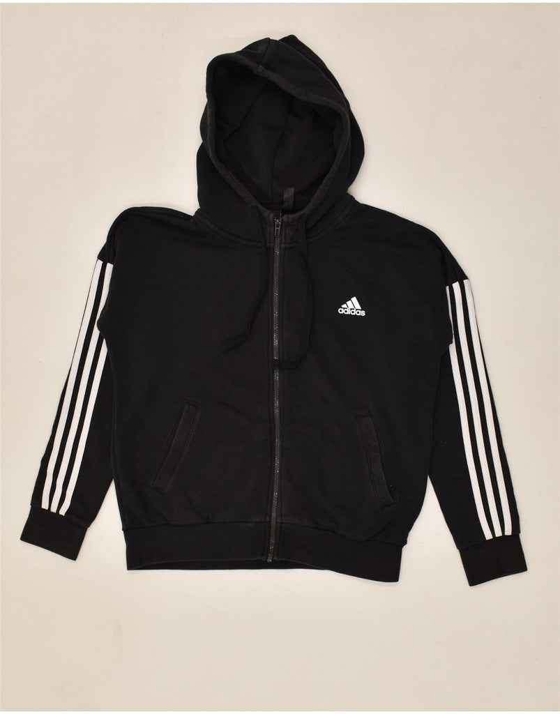 ADIDAS Womens Zip Hoodie Sweater UK 12/14 Medium Black Cotton | Vintage Adidas | Thrift | Second-Hand Adidas | Used Clothing | Messina Hembry 