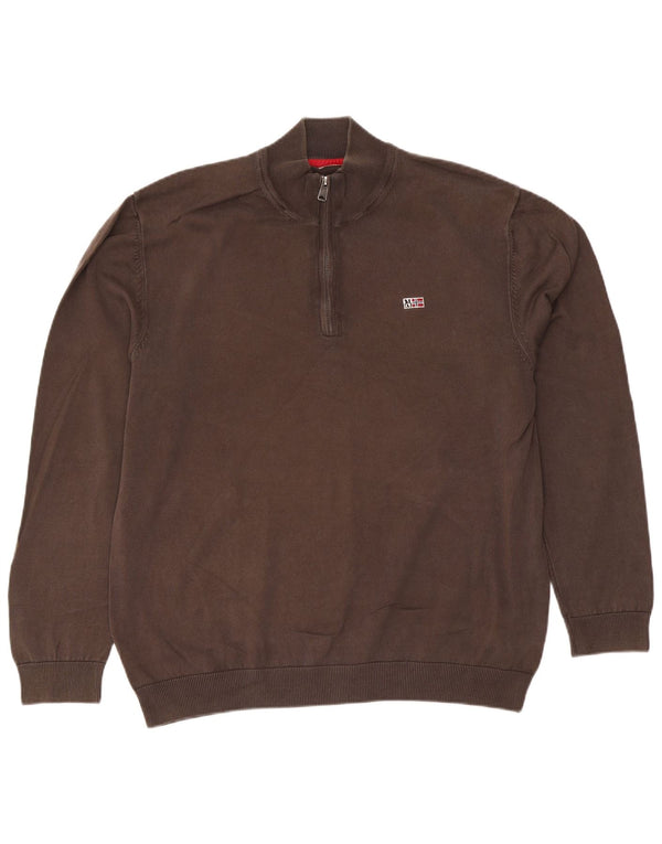 Napapijri Mens Zip Neck Jumper Sweater 2XL Brown Cotton