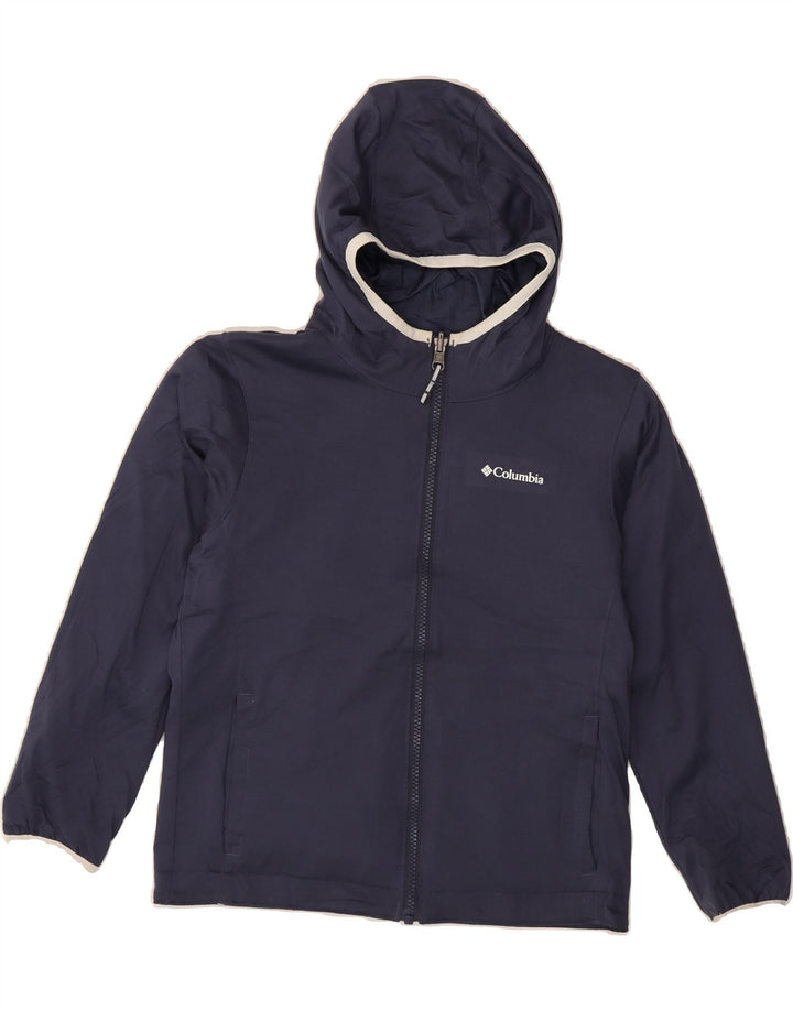 COLUMBIA Girls Hooded Reversible Jacket 7-8 Years Small Navy Blue Vintage Columbia and Second-Hand Columbia from Messina Hembry 
