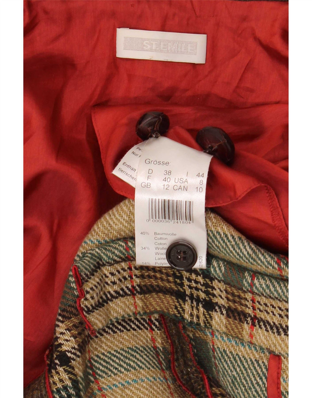 ST. Emile Womens Double Breasted Coat UK 12 Medium Khaki Check Cotton