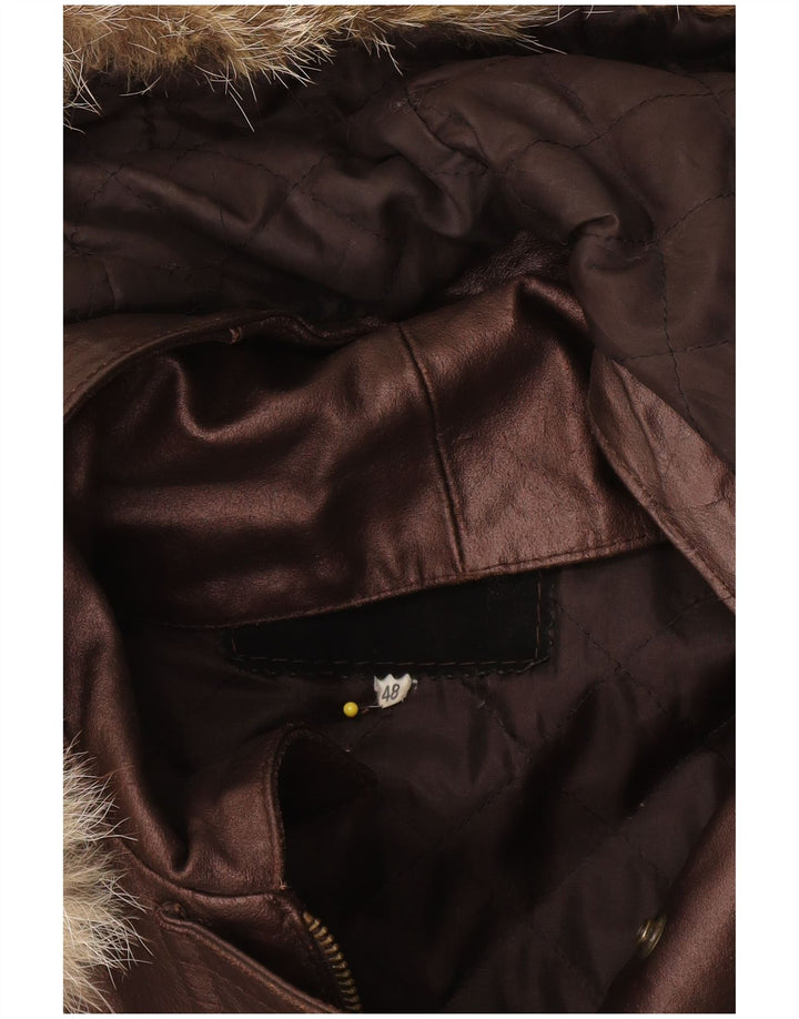 Vintage Womens Hooded Oversized Leather Jacket IT 48 XL Brown