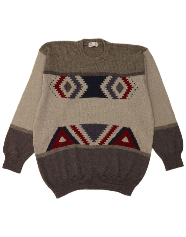 Pierre Monet Mens Crew Neck Jumper Sweater XL Grey Geometric Virgin Wool