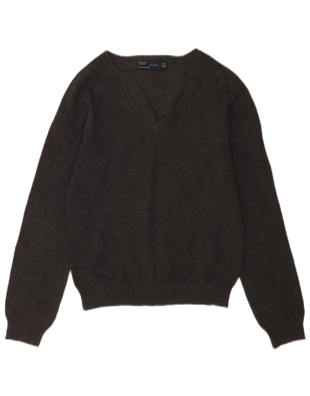 Zara Womens V-Neck Jumper Sweater UK 12 Medium Grey Cotton
