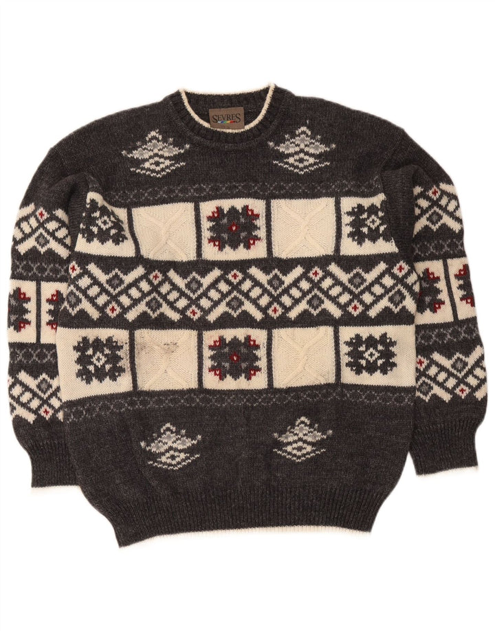 Sevres Mens Crew Neck Jumper Sweater IT 48 Medium Grey Geometric
