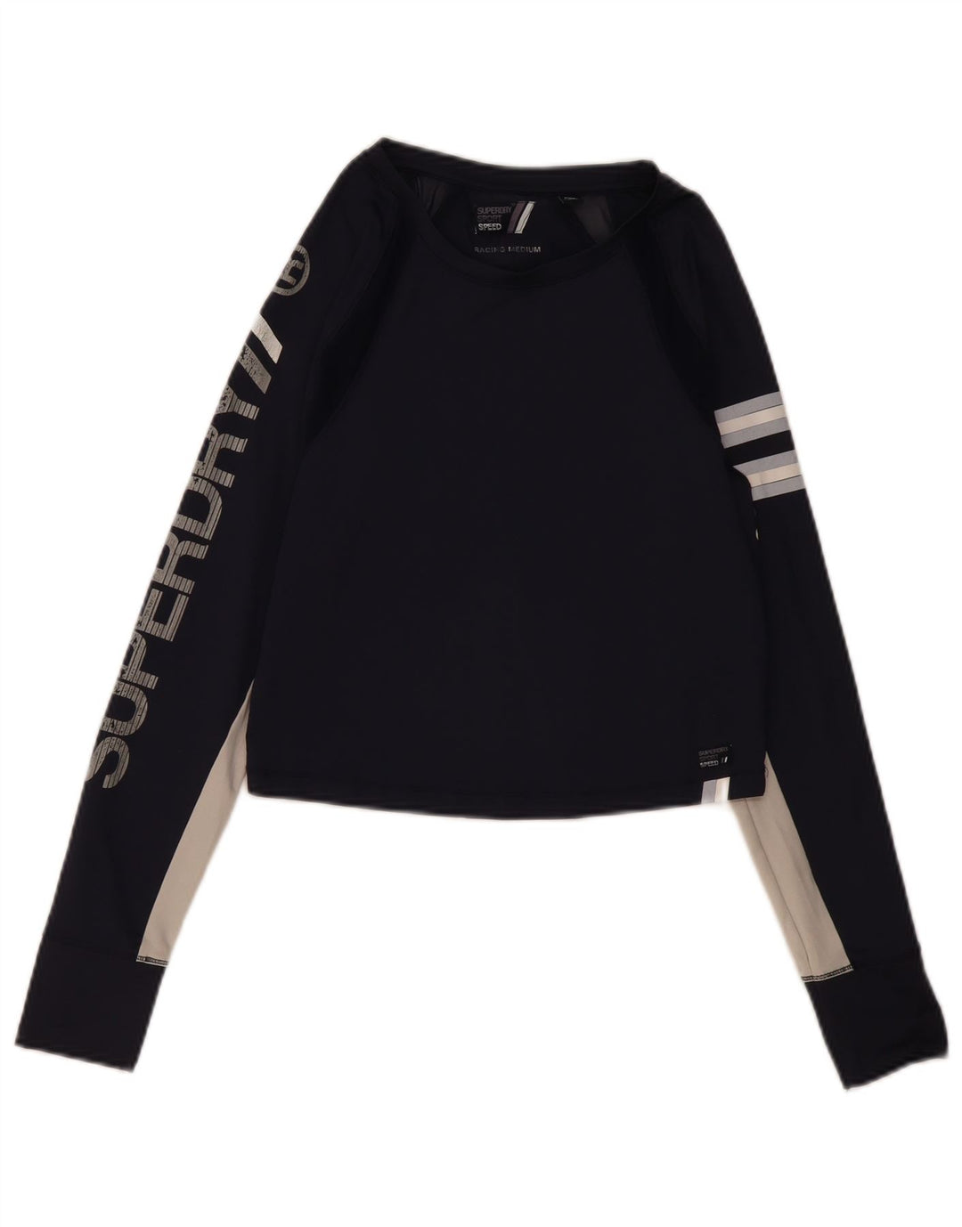 Superdry Womens Graphic Top Long Sleeve UK 12 Medium Navy Blue Colourblock