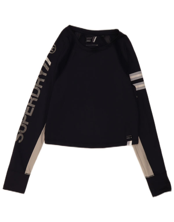 Superdry Womens Graphic Top Long Sleeve UK 12 Medium Navy Blue Colourblock