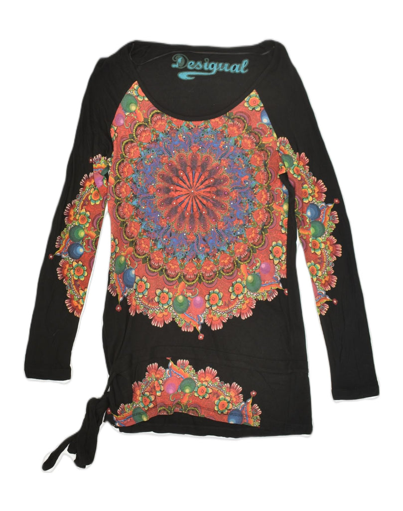 DESIGUAL Womens Longline Graphic Top Long Sleeve UK 12 Medium Black Floral | Vintage Desigual | Thrift | Second-Hand Desigual | Used Clothing | Messina Hembry 