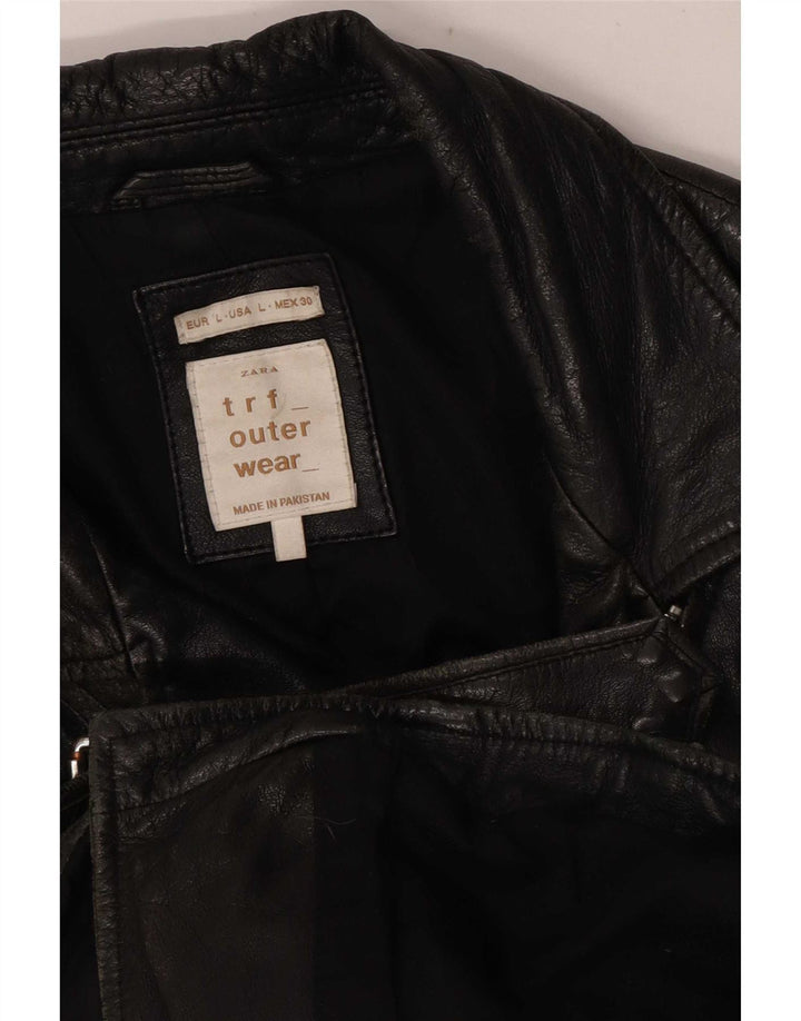 Zara Womens Crop Leather Biker Jacket UK 16 Large Black