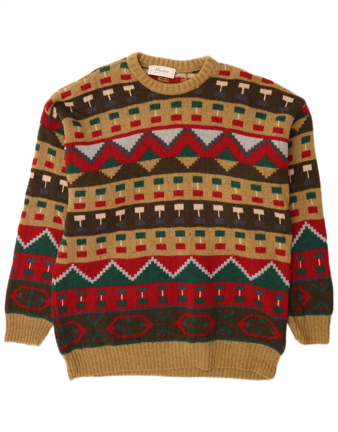 Bluster Mens Crew Neck Jumper Sweater IT 52 Large Brown Geometric Wool