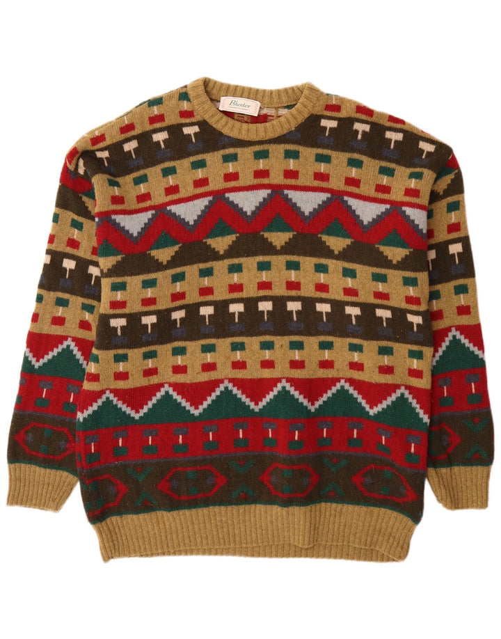 Bluster Mens Crew Neck Jumper Sweater IT 52 Large Brown Geometric Wool