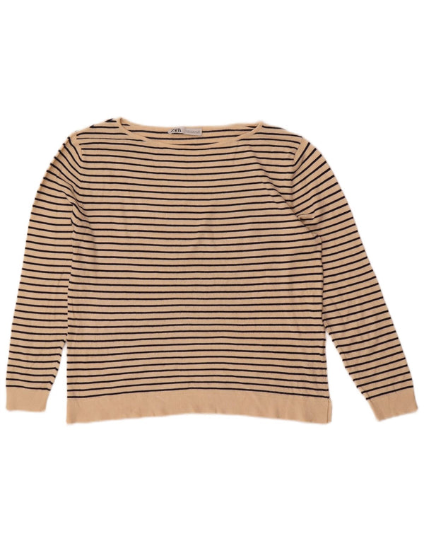 Zara Womens Boat Neck Jumper Sweater UK 14 Medium Beige Striped