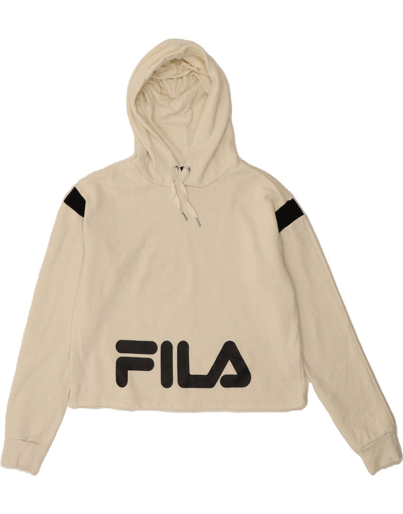 FILA Womens Oversized Graphic Hoodie Jumper UK 10 Small White Polyester Vintage Fila and Second-Hand Fila from Messina Hembry 