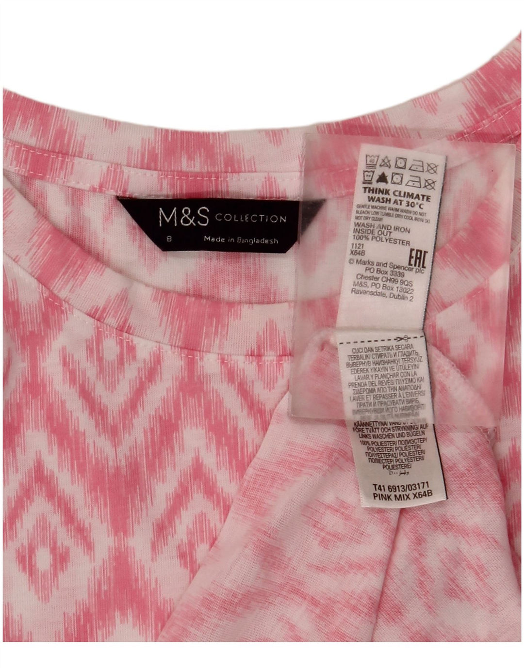 Marks & Spencer Womens Sleeveless Blouse Top UK 8 Small Pink Ikat Polyester